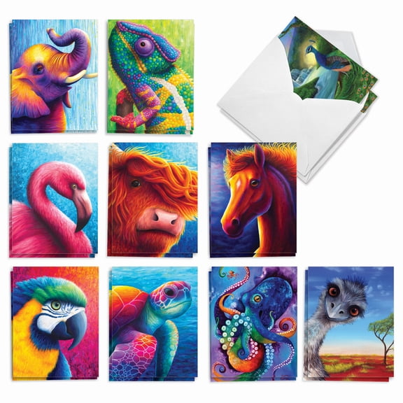 20 All Occasion Blank Note Cards Pack (10 Designs, 2 Each) - Vivid Wildlife (4" x 5.12") AM8884OCB-B2x10