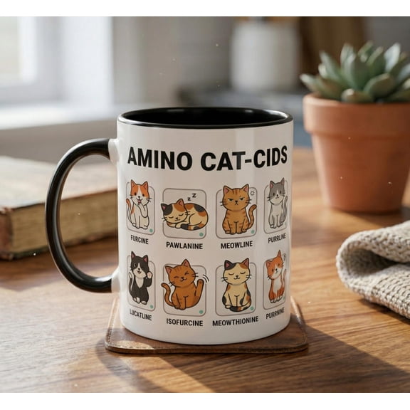 20 Amino Acids Cat Mug, Biochemistry Science Coffee Cup, Chemistry Teacher Student Gift, Nerd Cat Lover Ceramic Mug 11oz
