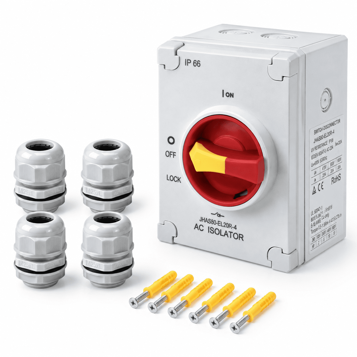 20 Amp 4-Pole 800V AC Rotary PV Isolation Disconnect IP66 Waterproof ...