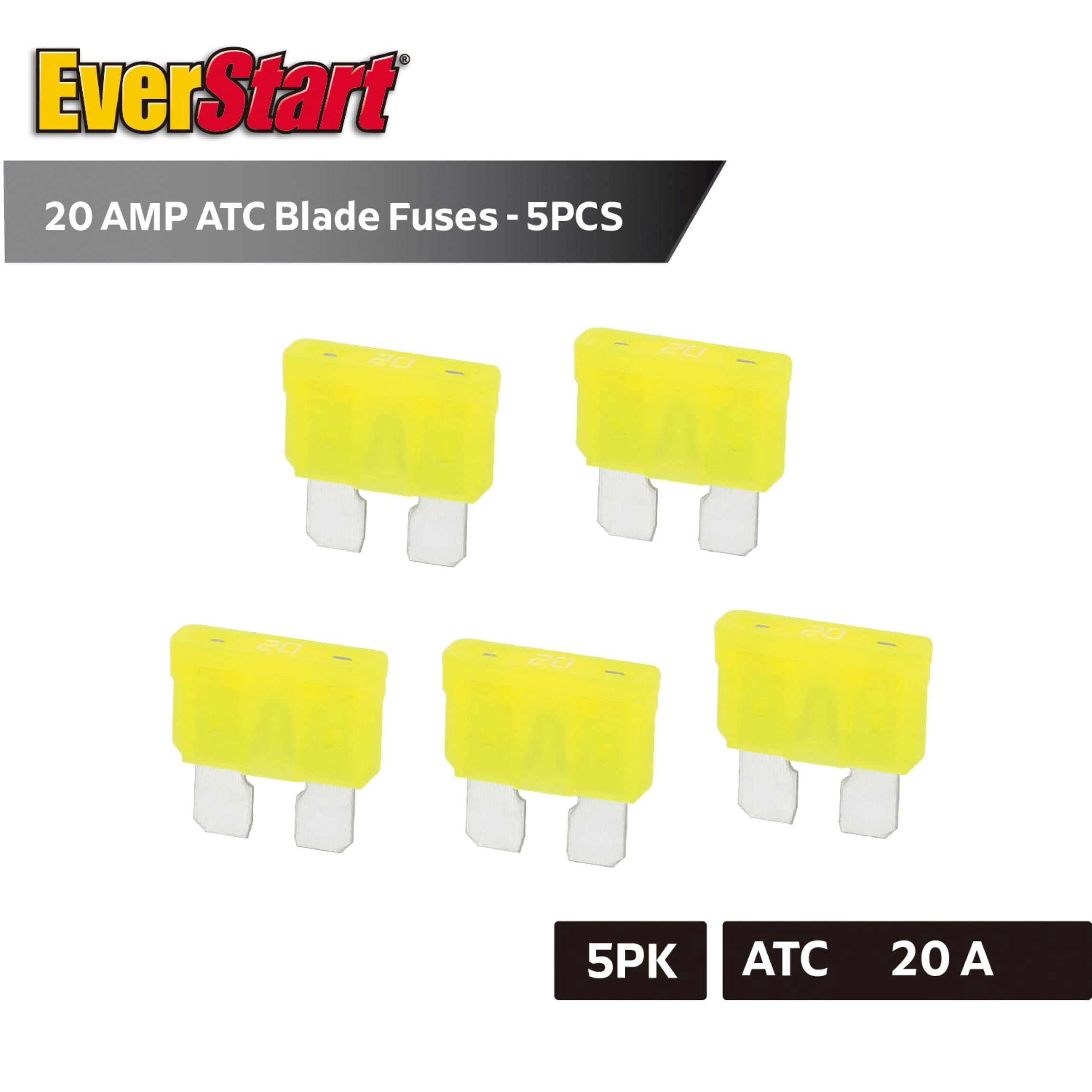 EverStart 20 Amp ATC Blade Fuses, UL Listed, Automotive, Marine, and Electrical Protection, 5 Pack
