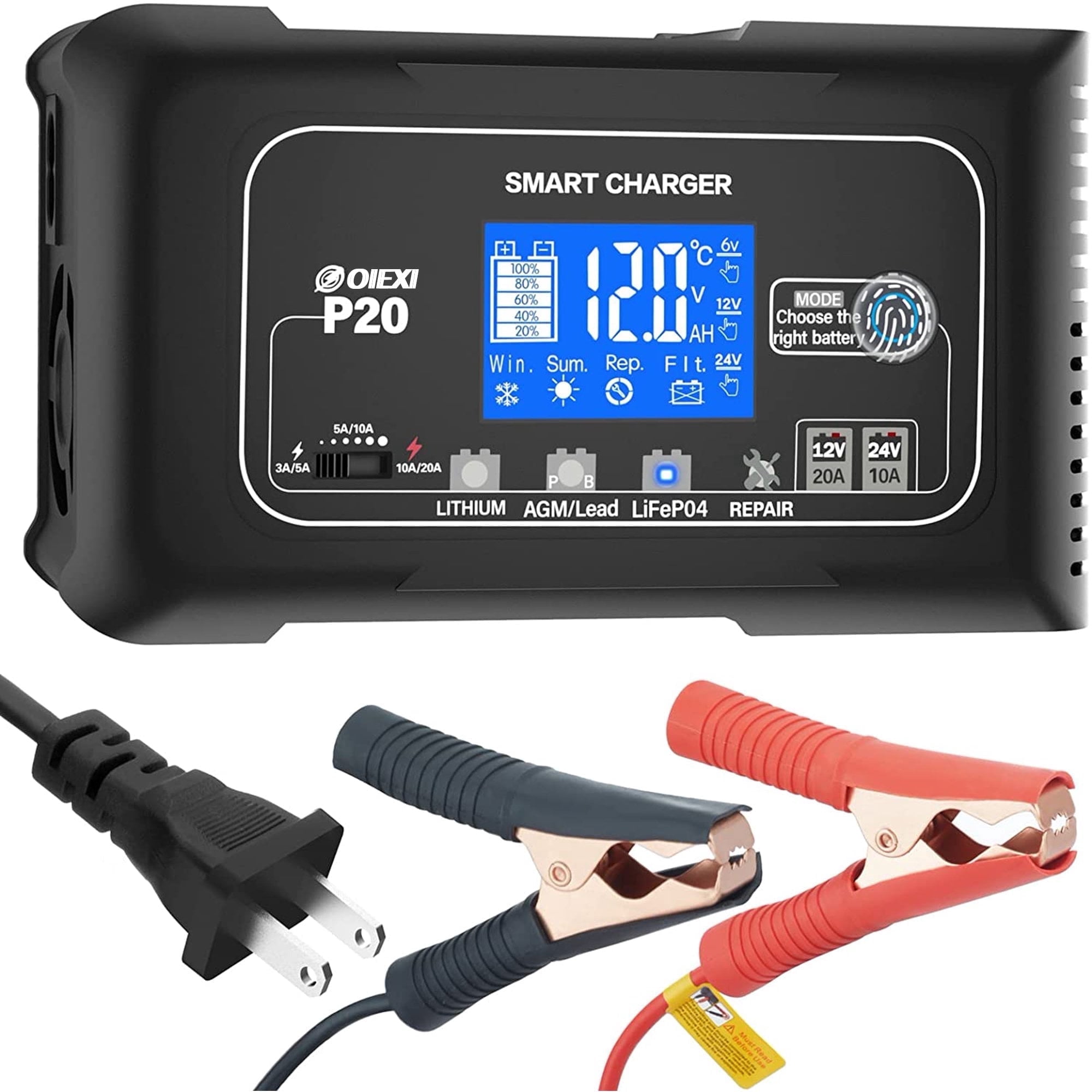 20-Amp Smart Battery Charger,Lithium,LiFePO4,Lead-Acid(AGM/Gel/SLA..) Car Battery Charger,Trickle Charger, Maintainer/Deep Cycle Charger,12V/20A and 24V/10A,for Boat,Motorcycle,Lawn Mower,Golf Cart..