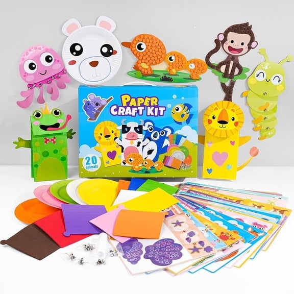 20 Animal Arts & Crafts Kit for Kids 4-6, All-Inclusive Toddler Craft Box with Paper Plates, Puppets, Fun Activities, Tigers, Lions (134 Characters) (Animal)