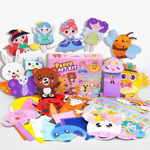 20 Animal Arts & Crafts Kit for Kids 4-6, All-Inclusive Toddler Craft Box with Paper Plates, Puppets, Fun Activities, Tigers, Lions (134 Characters) (Princess)