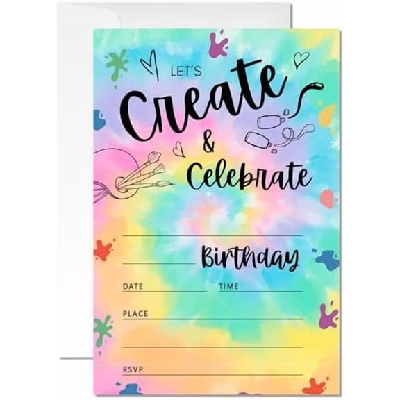 20 Art Birthday Birthday Party Invitations, Tie Dye Arts and Crafts Painting Theme Invite Cards with Envelopes, 4x6 Inch Let's Create & Celebrate Invites for Boys and Girls. (074)
