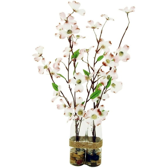 20" Artificial Duo Dogwoods in a Pair of Glass Bottles with Acrylic Water and River Rocks