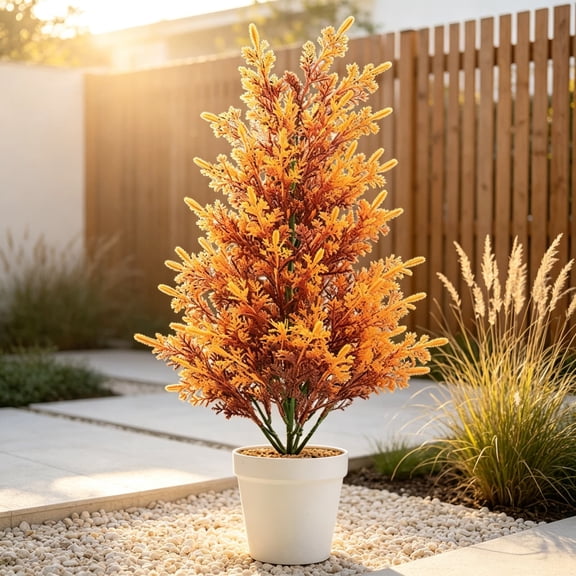 20" Artificial Fall Pine Trees Orange Fake Plants with Pots, Outdoor Christmas Tree Ornaments for Home Farmhouse Garden Decorations