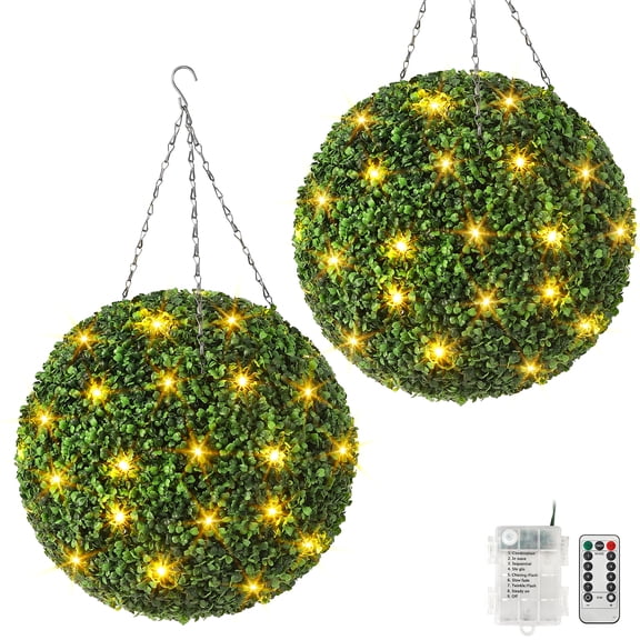 20 Artificial Plant Topiary Ball, Pre-Lit Artificial Topiary Plant With 8 Mode, 40 LED Lights, Battery Operated,and Remote Control, Light Plant Ball for Backyard, Wedding and Home DCor (2-Pack)