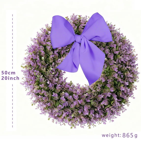 20" Artificial Purple Boxwood Christmas Wreath with Silk Scarf, Faux Greenery Wreath for Front Door, Indoor Outdoor Home & Seasonal Christmas Decoration