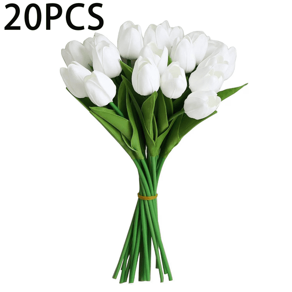 20 Artificial Tulips, White Artificial Tulips, Lifelike Appearance, Perfect for Wedding Decorations and Mothers Day Gifts (20 stems, white)