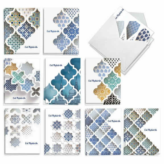 20 Assorted Blank Eid Notecards Bulk Box Set 4 x 5.12 Inch with Envelopes (10 Designs, 2 Each) Ramadan, Variety Muslim Holiday Cards - Eid Mubarak