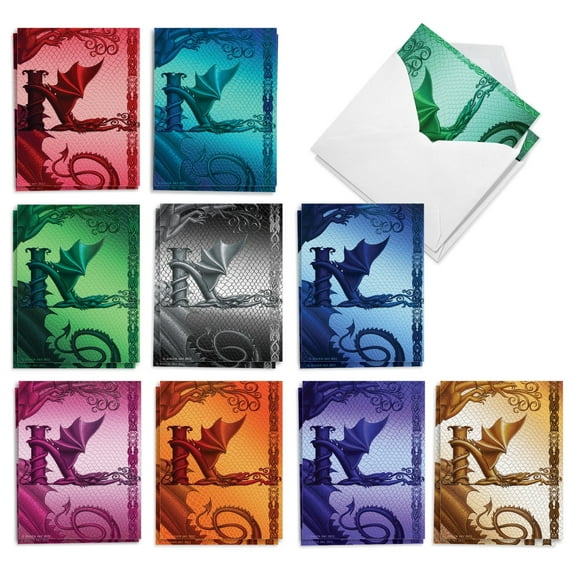 20 Assorted Blank Notes Bulk Box Set 4 x 5.12 Inch with Envelopes (10 Designs, 2 Each) Dragon Initials K - The Best Card Company