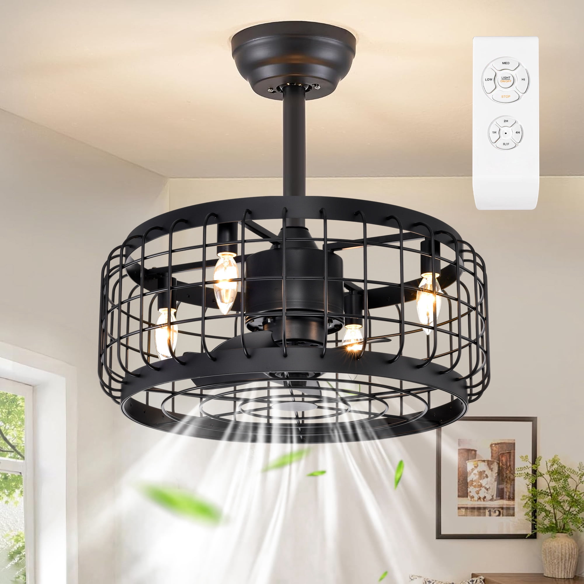20"Aukfa Ceiling Fan with Light, Cage Ceiling Fan for Bedroom, Kitchen, Living Room with Timing,Black