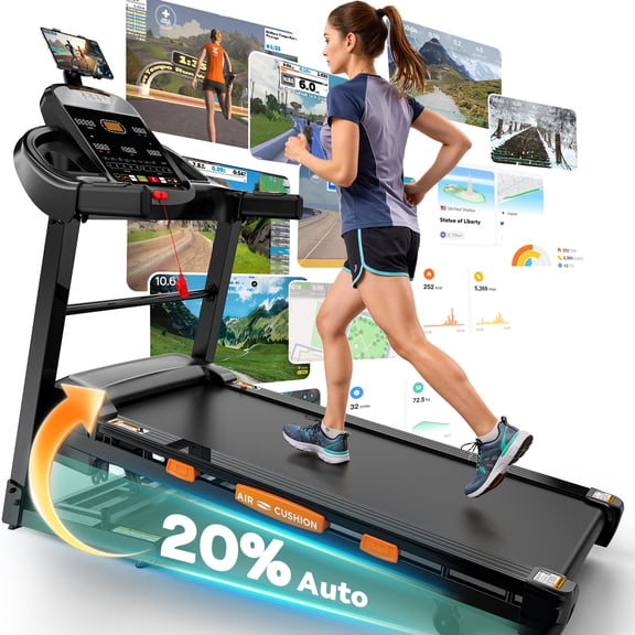 20% Auto Incline Treadmills for Home, 5.15HP 12MPH Foldable Walking Running Treadmill with LCD Displays, 95+10 Programs, Portable Treadmill Up to 400LBS Capacity, APP Connection