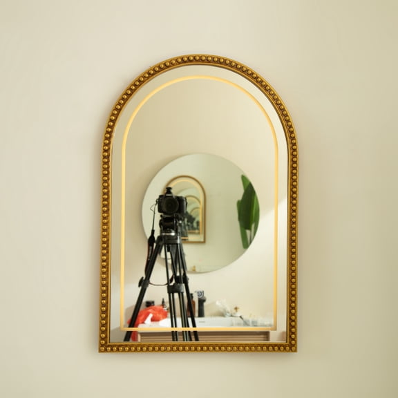 20'' Avri Mirror, Golden Beaded Arch Retro PU Decorative Mirror with 3-Color Dimmable Light, for Bathroom, Bedroom, Living Room, Hallway & Entryway