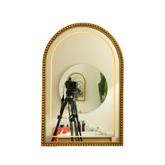 20'' Avri Mirror, Golden Beaded Arch-shaped PU Decorative Mirror in Retro Style, Three Color Temperatures are Available, Suitable for Bathroom, Bedroom, Living Room, Corridor, Entryway, etc.