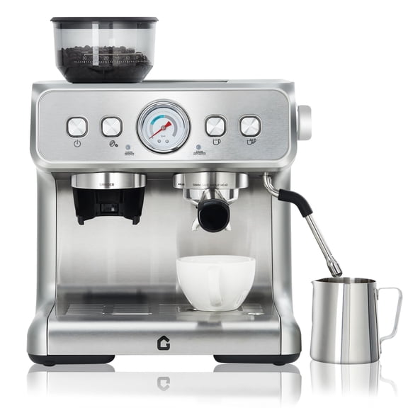 20 Bar Coffee Machine with Built-in Grinder - Stainless Steel Coffee Maker - 2.8L Removable Water Tank - Milk Frother Steam Wand - Adjustable Shot Volume - Compact Design for Home or Office