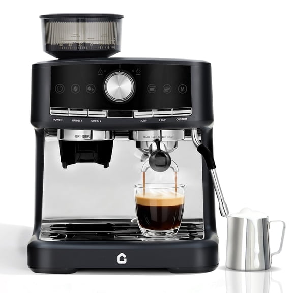 20 Bar Pressure Stainless Steel Espresso Machine with Grinder, 1.5L Removable Water Tank, Milk Frother Steam Wand for Latte/Cappuccino - Adjustable Shot Volume, Professional Home/Office Use