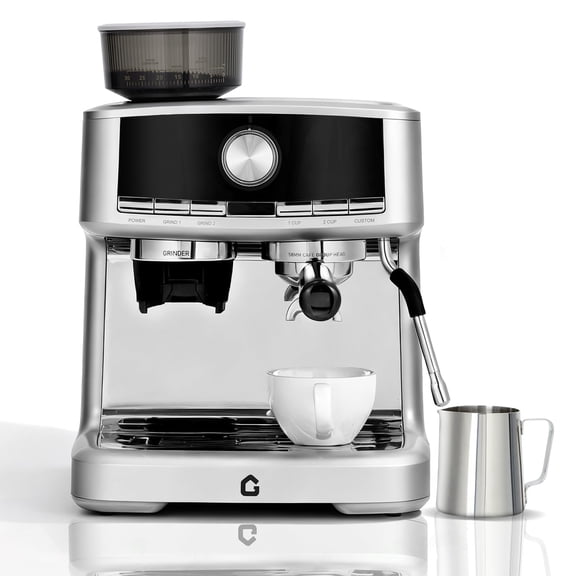 20 Bar Stainless Steel short black Machine with Built-in Grinder – Professional Home & Office Coffee Maker – Adjustable Shot Volume – 1.5L Removable Water Tank – Steam Milk Frother Wand