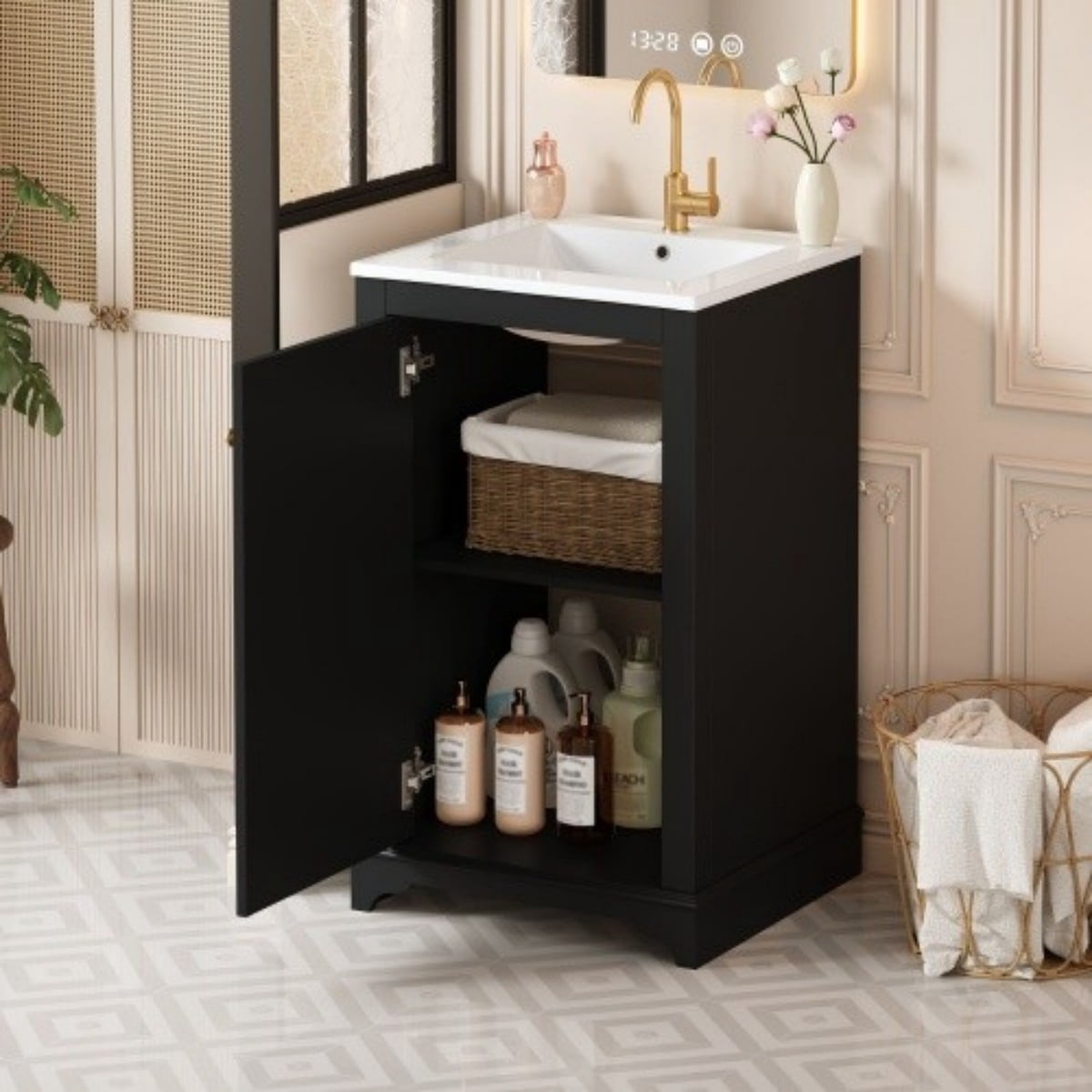 20" Bathroom Vanity with Ceramic Sink, Freestanding Bathroom Vanity Cabinet with Adjustable Shelf, Soft Close Door, Solid Wood Frame, Modern Green Vanity for Small Bathroom, Black