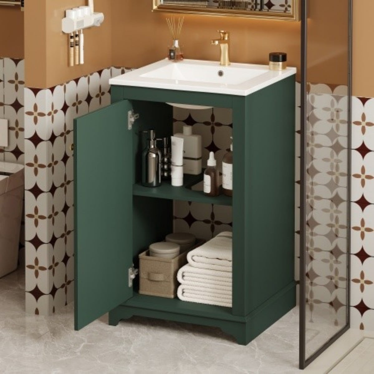 20" Bathroom Vanity with Ceramic Sink, Freestanding Bathroom Vanity Cabinet with Adjustable Shelf, Soft Close Door, Solid Wood Frame, Modern Green Vanity for Small Bathroom, Green
