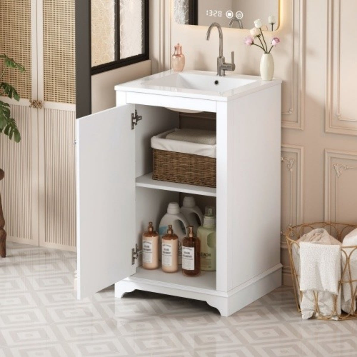 20" Bathroom Vanity with Ceramic Sink, Freestanding Bathroom Vanity Cabinet with Adjustable Shelf, Soft Close Door, Solid Wood Frame, Modern Green Vanity for Small Bathroom, White