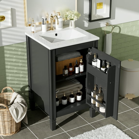 20" Bathroom Vanity with Ceramic Sink, Soft-Close Door & Adjustable U-Shelf - Freestanding Small Space Vanity Cabinet, Door Storage Rack for Apartment Bathrooms, Black