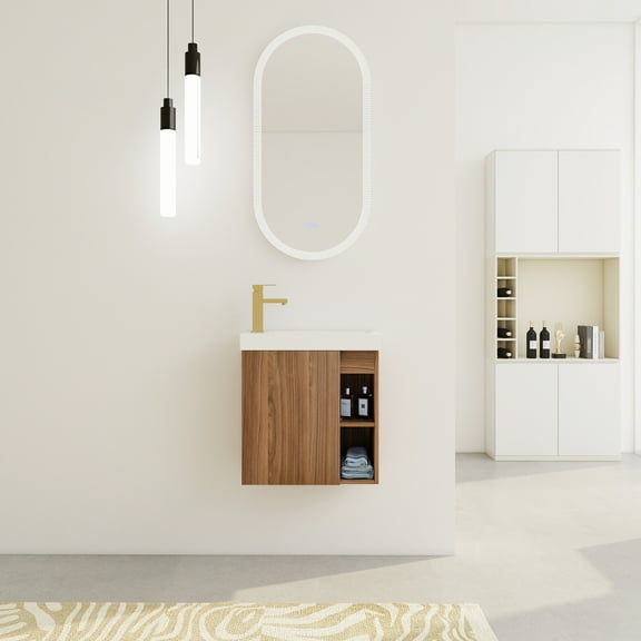 20'' Bathroom Vanity With Resin Sink & Soft-close Door, Modern Appearance, Wall Mounted, Sanitary, Walnut Floating Vanity, Sink, Look, Spacious, Finish