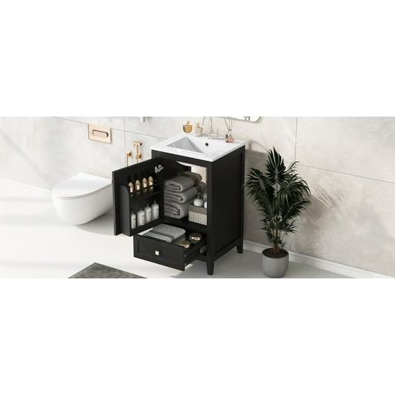 20" Bathroom Vanity Set with Ceramic Sink, MDF Cabinet with Soft-Close Door, Storage Rack and Drawer, Waterproof Finish for Small Bathroom Space Saving Design, Black