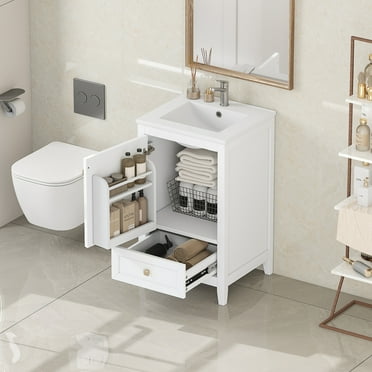20" Bathroom Vanity with Sink, Freestanding Bathroom Vanity Cabinet with Two Doors, Door Shelf Storage, Bathroom Sink Cabinet with Adiustable Foot Pads and a Drawer, White