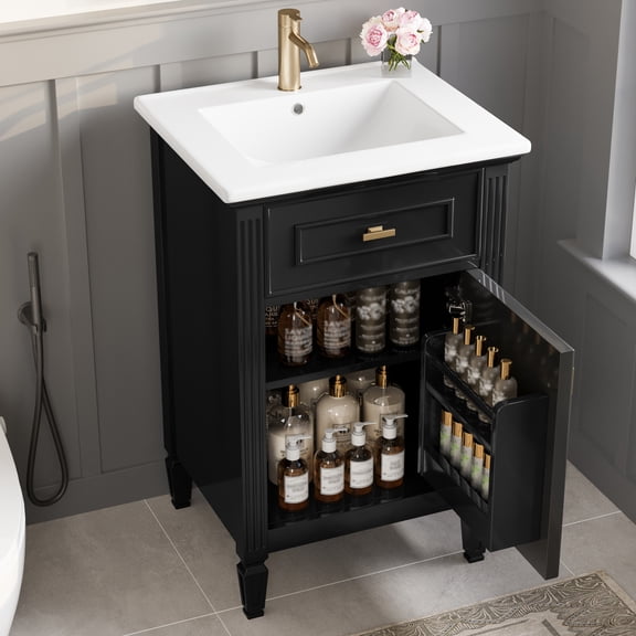 20" Bathroom Vanity with Sink, Small Bathroom Sink Cabinet with 1 Door and 1 Tilt-Out Drawer, Freestanding Bathroom Cabinet with Storage Rack and Adjustable Shelve, Black