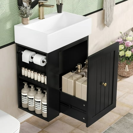 20" Bathroom Vanity with Ceramic Sink, Freestanding Bathroom Vanity with  Drawer and Side Open Shelf,  Bathroom Cabinet for Small Bathrooms, Black