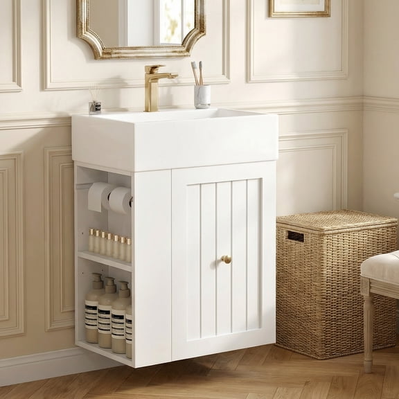 20" Bathroom Vanity with Ceramic Sink, Modern Vanity Cabinet with Drawer and Side Storage Shelves, Design for Small Space, White