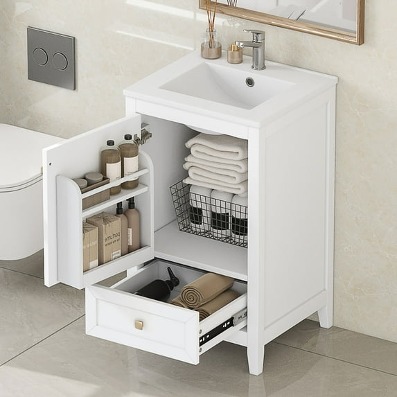 20" Bathroom Vanity with Sink & 1 Drawer, Real Wooden Bathroom Storage Cabinet with 1 Soft Closing Door & Storage Rack, White