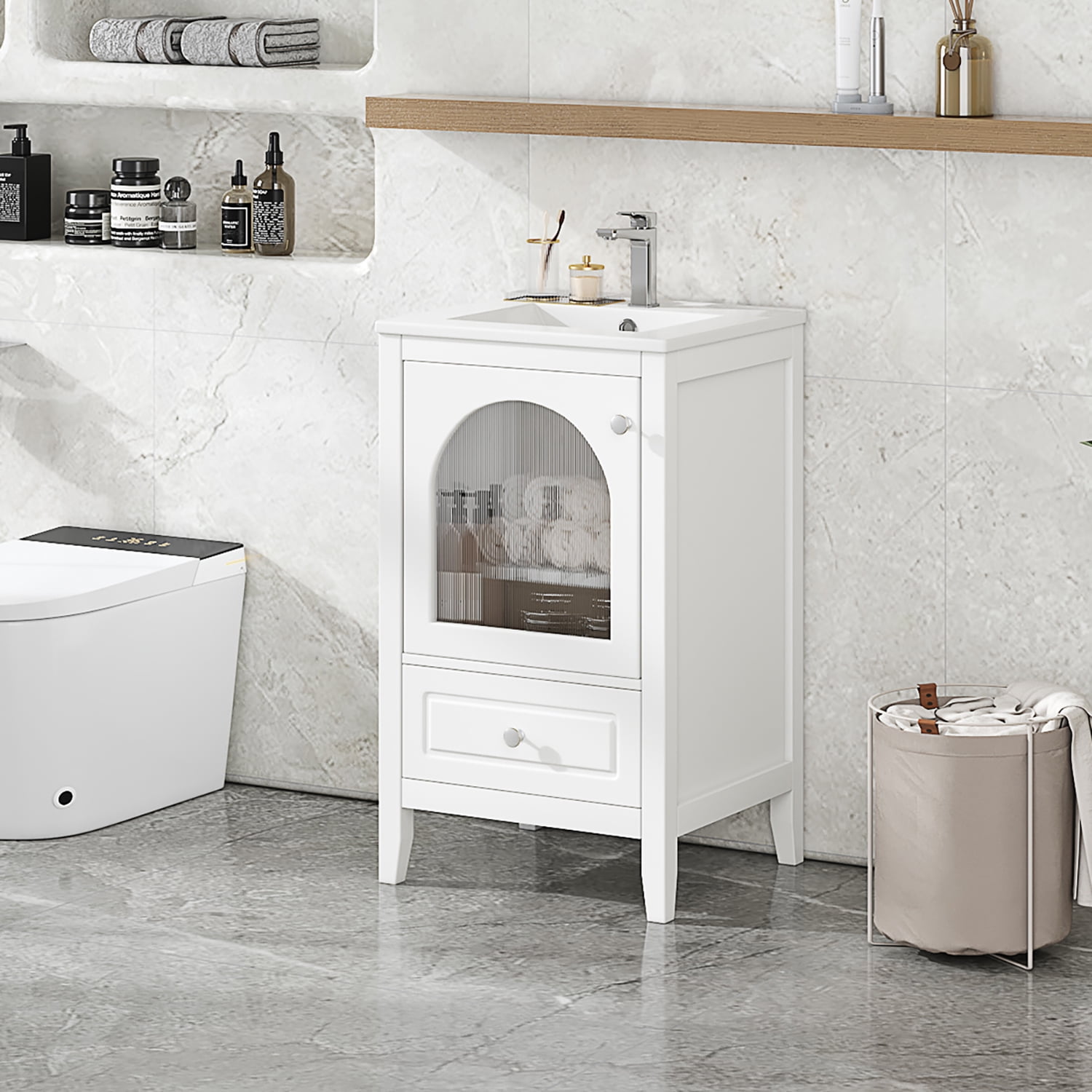 White 20" Freestanding Bathroom Vanity with Ceramic Sink and Glass Door