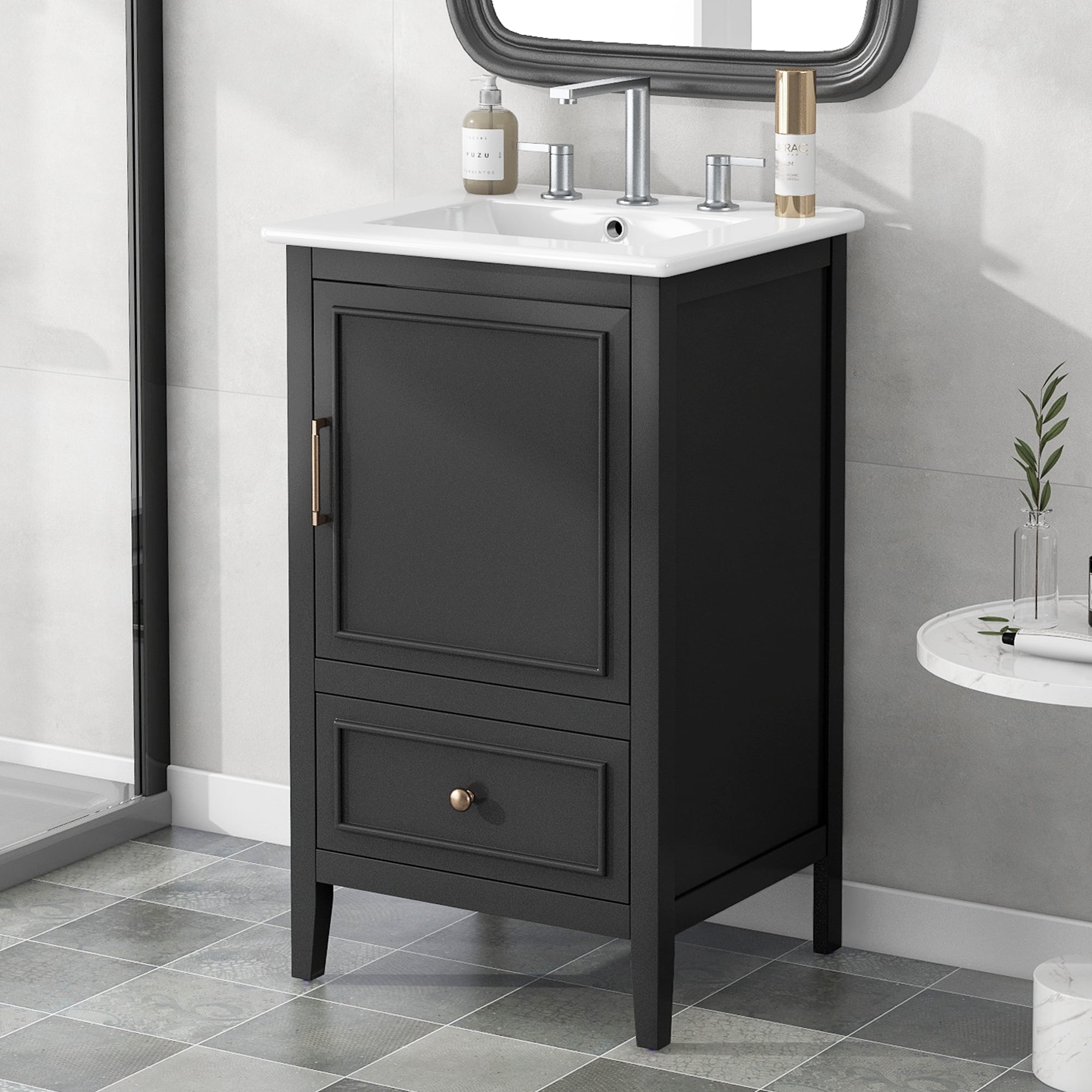 20" Bathroom Vanity with Sink, Black Vanity Cabinet with Storage Drawer & Door, Semi-Lune Ceramic Basin, Adjustable Feet for Small Bathroom