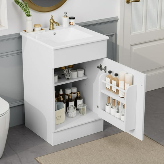 20" Bathroom Vanity with Sink, Vanity Cabinet with Door Shelf and Adjustable Shelf, Back Open Easy Access for Plumbing, White