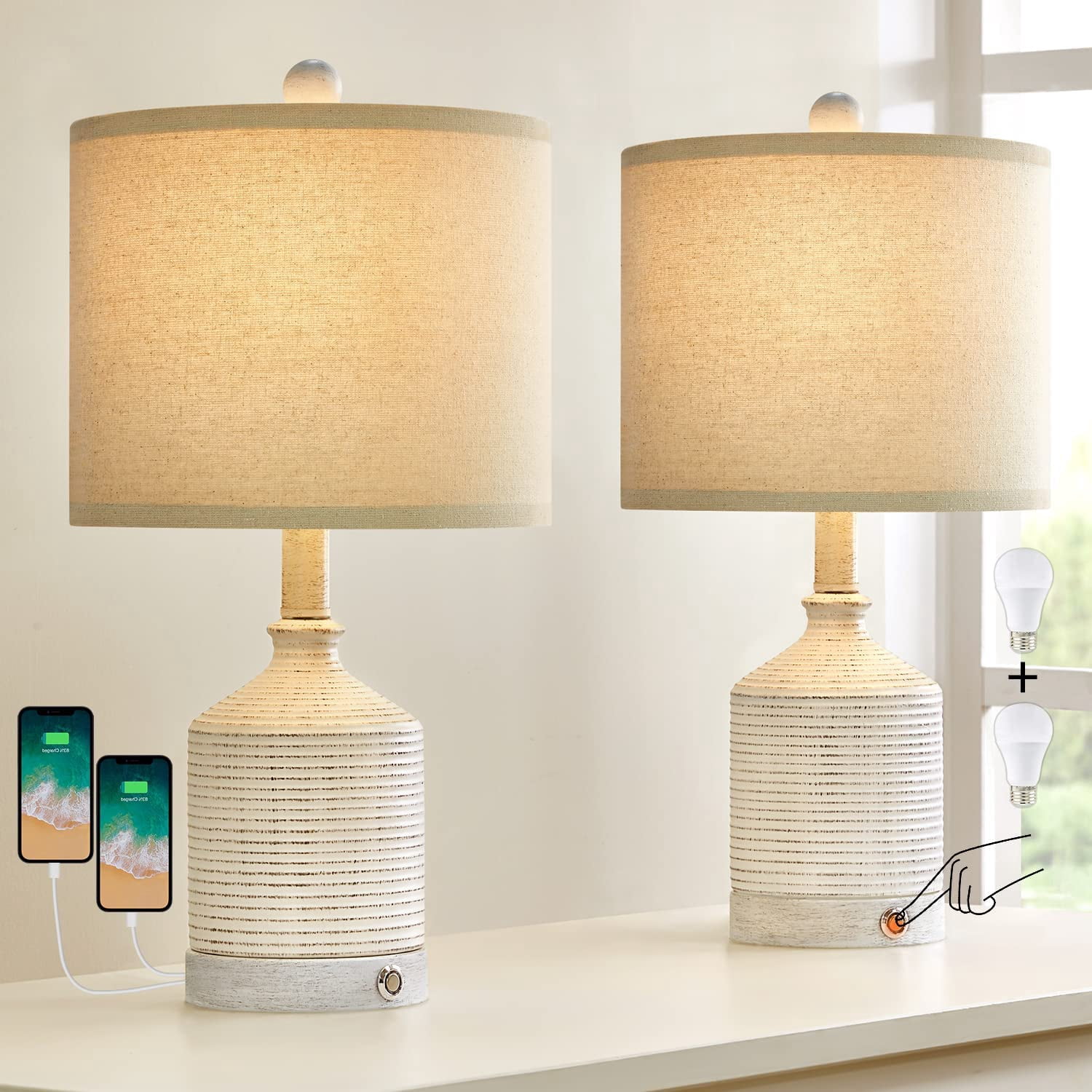 20'' Bedside Table Lamps for Bedroom - 3 Way Dimmable Touch Lamps for ...