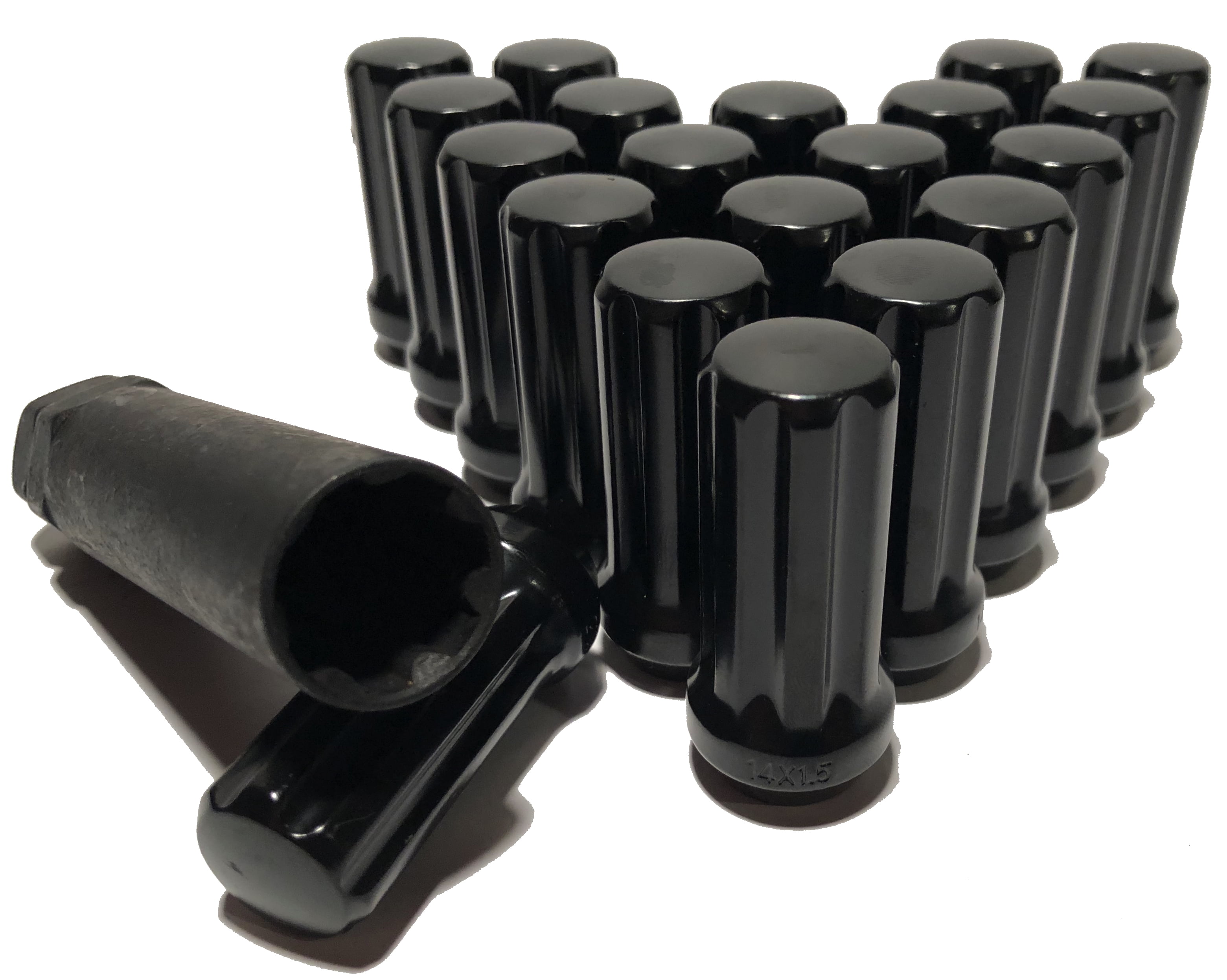 20 Black 14x1.5 Long 7 Spline Lug Nuts 1.90" Tall XL Locks With Key Chevy GMC