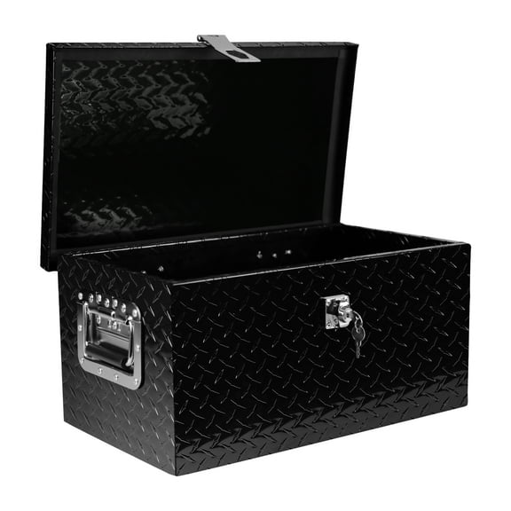 20" Black Aluminum Underbody Tool Storage Box, Diamond Tread Plate Lockable Cargo Organizer for Truck, Trailer, RV, ATV, and Pickup