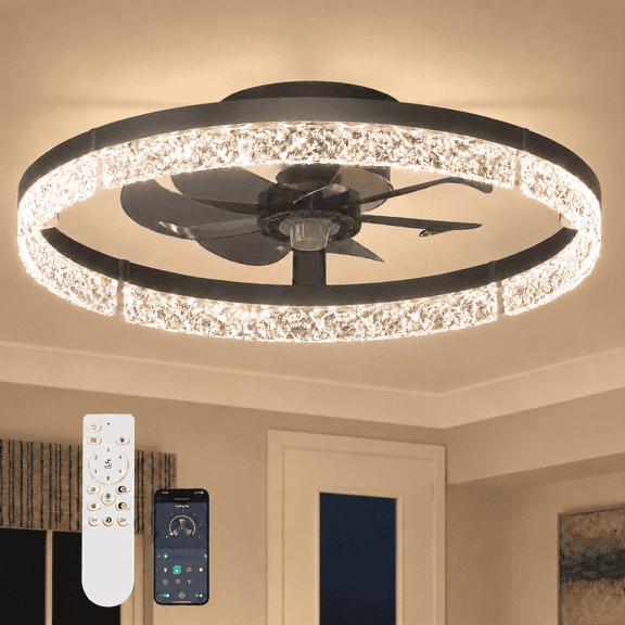 AIDEL 20" Ceiling Fan with Light, Flush Mount Low Profile, Smart App & Remote Control, Reversible DC Motor, Dimmable LED, Black