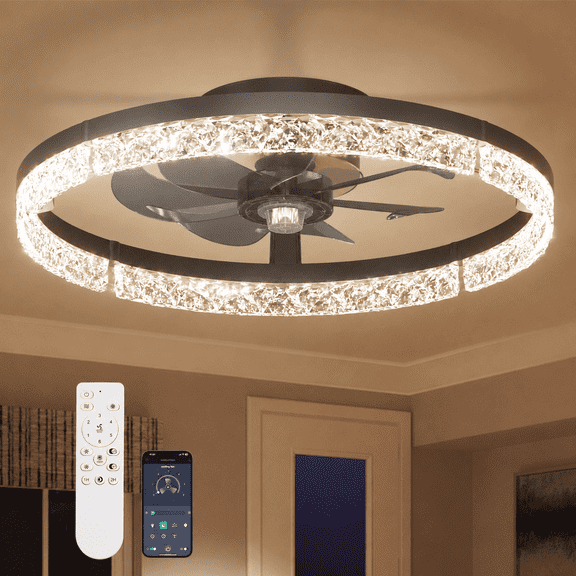 AIDEL 20" Ceiling Fan with Light, Flush Mount Low Profile, Smart App & Remote Control, Reversible DC Motor, Dimmable LED, Black