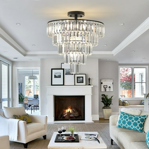 20" Black Crystal Chandelier Ceiling Light Fixture, Modern Luxury 10-Light Flush Mount with K9 Crystals, Elegant Home Lighting for Living Room, Dining Room, Bedroom (No Bulbs Included)