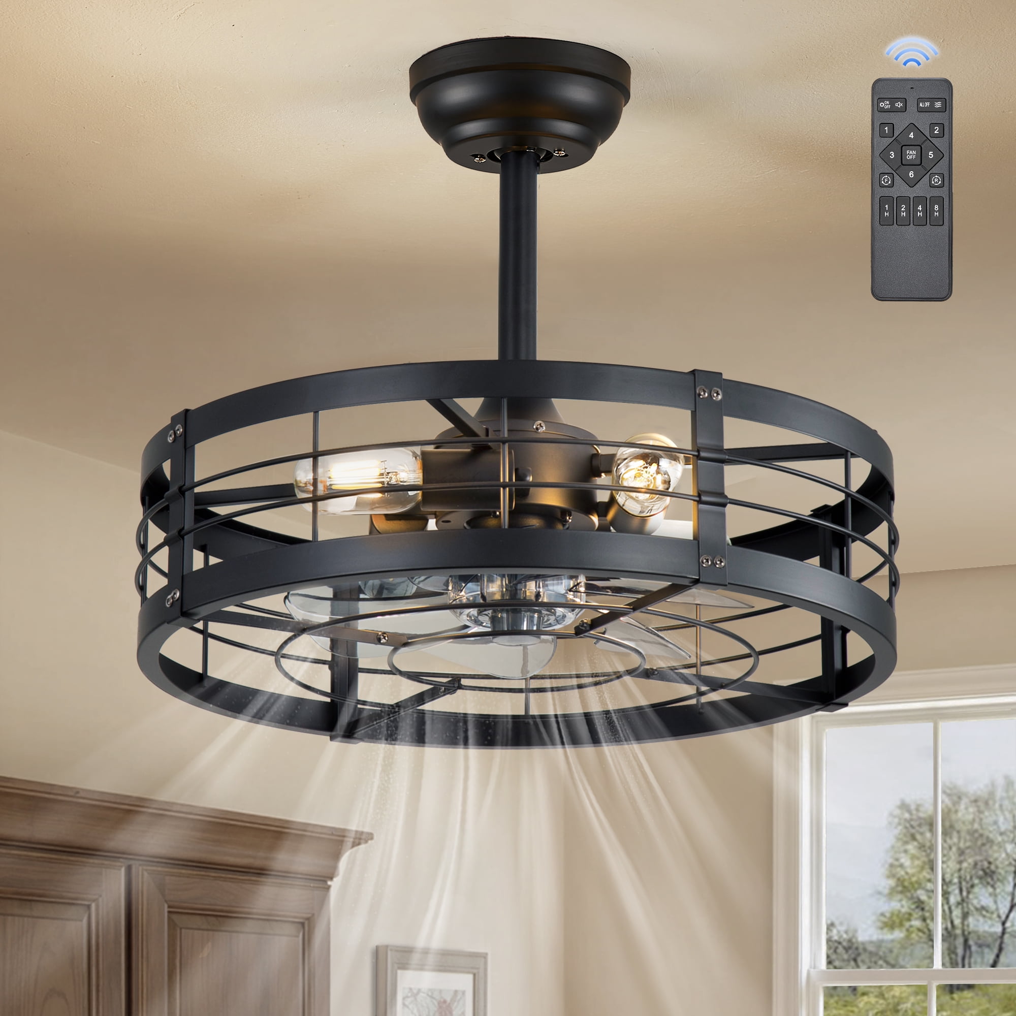 Lokivas 20 Inch Black Caged Ceiling Fan with Light, Industrial Fandelier with Remote Control, 6-Speed & Timer, Farmhouse Style for Kitchen, Bedroom, Covered Patio