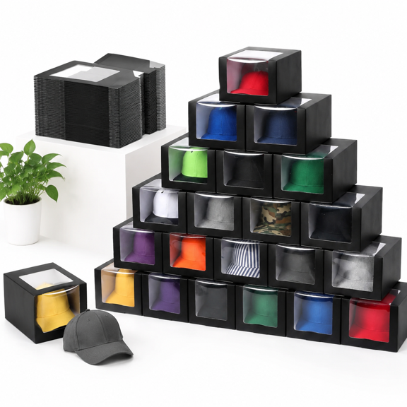 20 Black Foldable Hat Boxes with Clear Window, 7.8 x 7.8 x 4.8 Inch, for Baseball Caps and Snapbacks