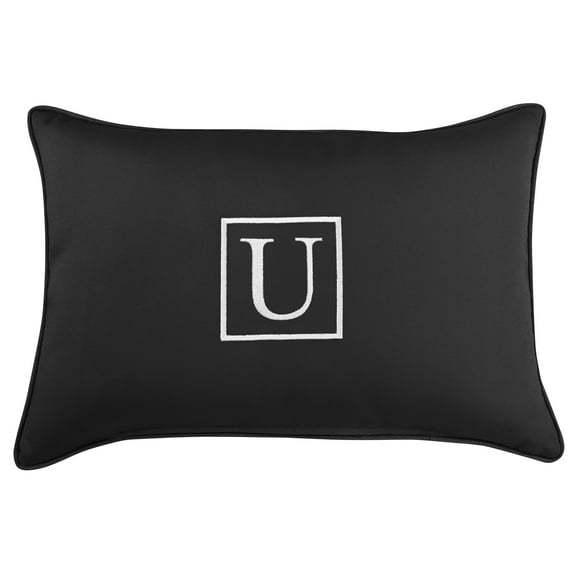20" Black Single Embroidered Decorative Monogram "U" Rectangular Lumbar Pillow