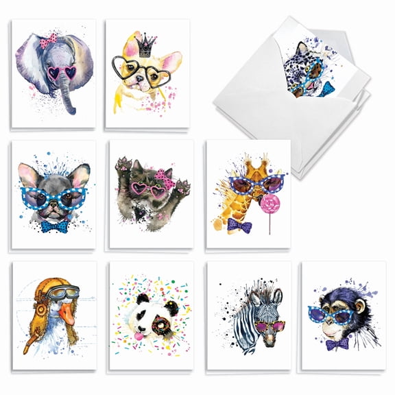 20 Blank All Occasion Cards Assorted (10 Designs, 2 Each) - Funky Colorful Creatures All Occasion (4" x 5.12") AM6749OCB-B2x10