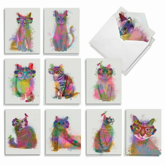 20 Blank All Occasion Cards Assorted (10 Designs, 2 Each) - Funky Rainbow Cats All Occasion (4" x 5.12") AM6199OCB-B2x10