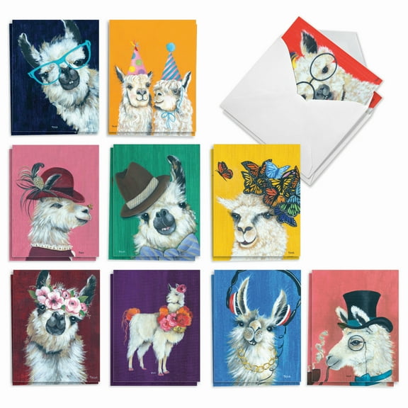 The Best Card Company 20 Assorted Birthday Note Cards Box Set 4 x 5.12 Inch with Envelopes (10 Designs, 2 Each) Personality Llamas AM7036BDG-B2x10