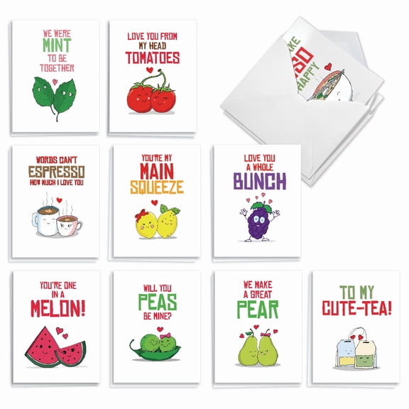 The Best Card Company 20 Assorted Blank All Occasions Notes Pack Set 4x5.12 w/ Envelopes, 10x2 Designs, For Men, Women, Yummy Puns AM5659OCB-B2x10