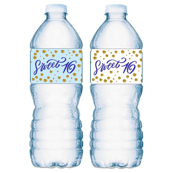20 Blue Sweet 16 Water Bottle Labels; 16th Birthday Party Set of 20 Waterproof Water Bottle Wrappers; Blue and White.